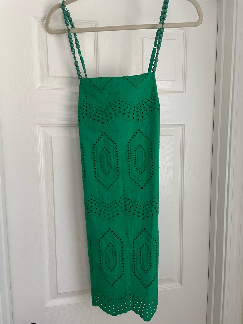 Green Eyelet Midi Dress With Beaded Straps